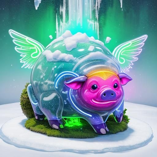 Futuristic neon smiling pig with a fully transparent skin, veins and internal organs are clearly visible. Extremely vivi...