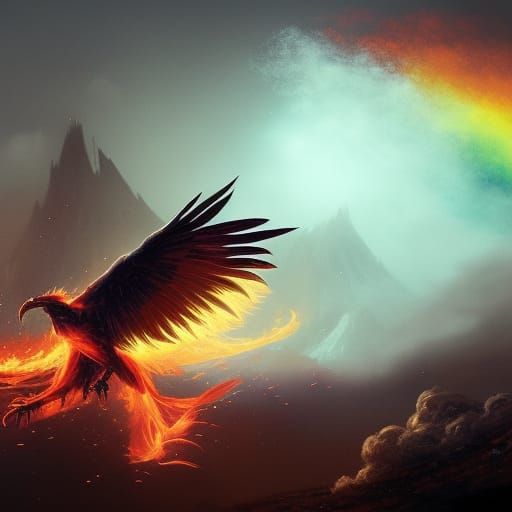 Rainbow Phoenix Rising from Fire, Dark Fantasy Art
