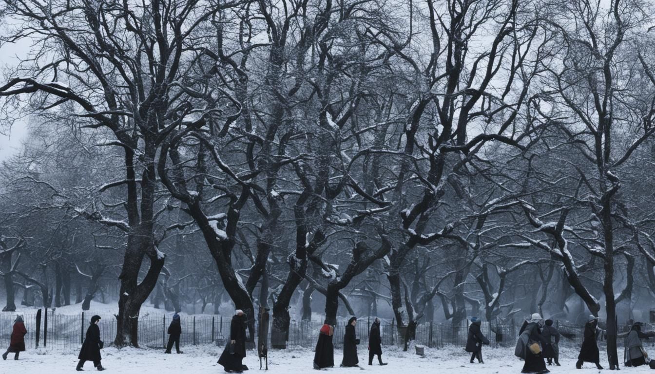 Winter Scene of Women Walking Under Trees