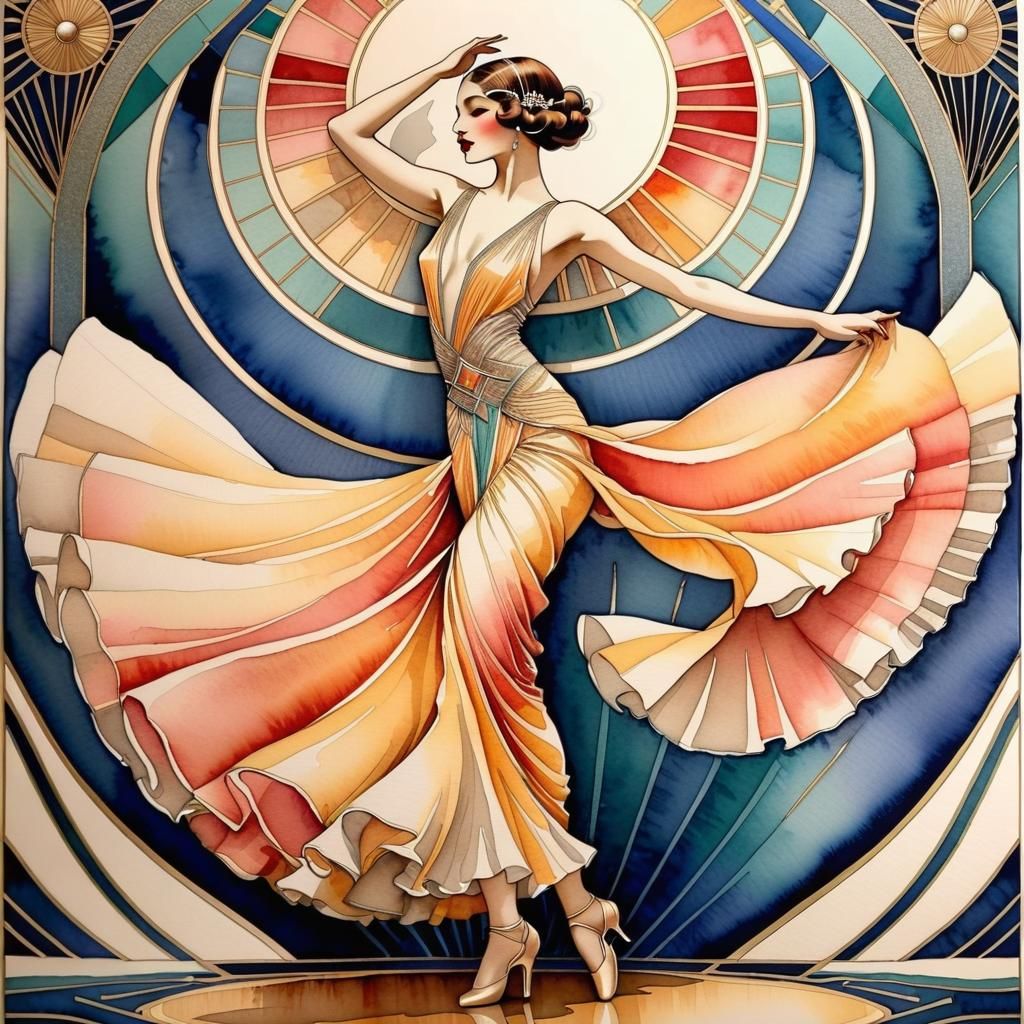 Elegant Art Deco Style Watercolour of Dancing Woman
