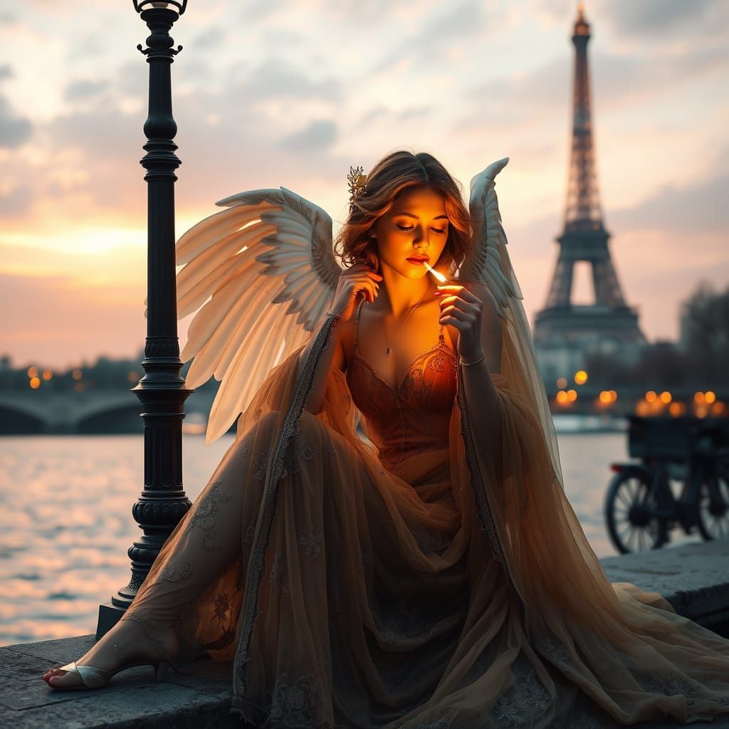 Angel on Seine Riverbank, Smoking by Streetlamp in Art Nouve...