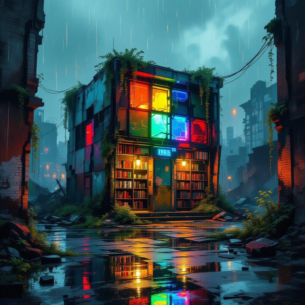 Post-Apocalyptic Library in Glowing City Ruins