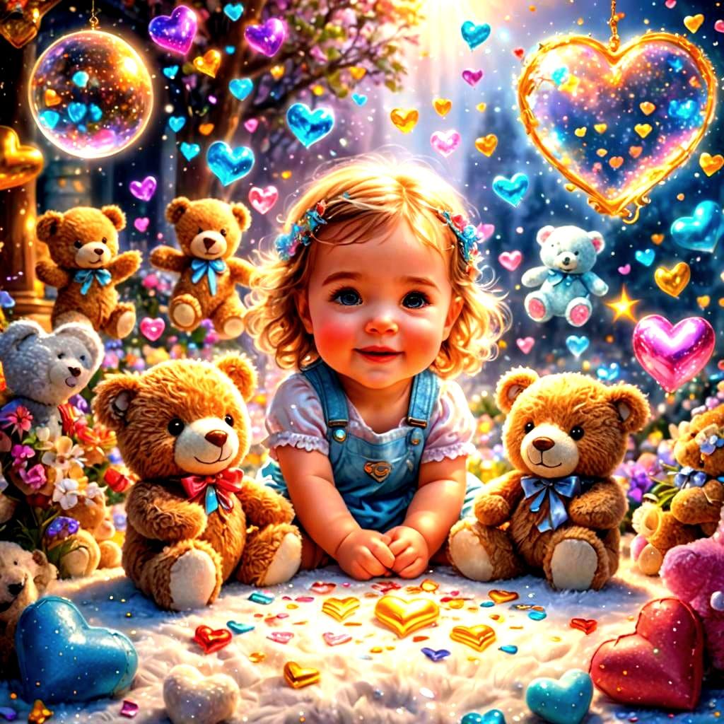 Baby Girl with Teddy Bears in Cosmic Illustration
