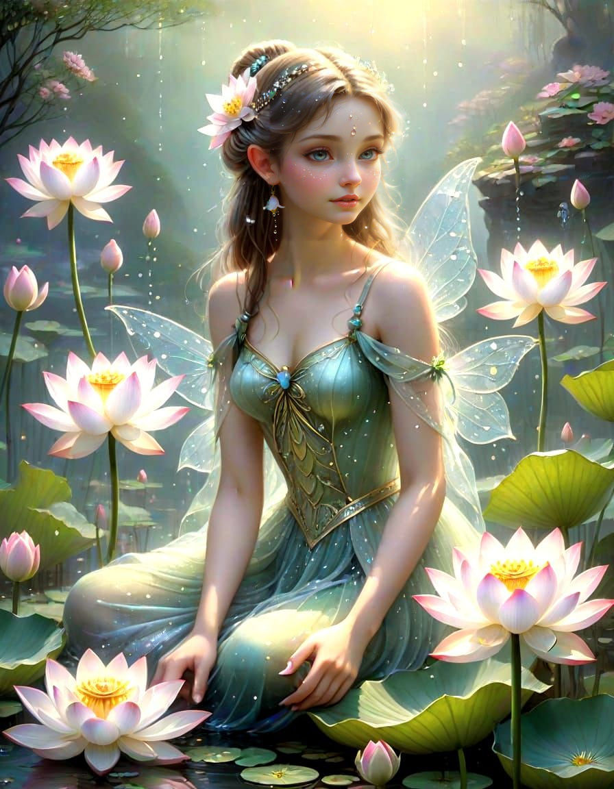 Ethereal Fairy Sits on a Magical Lotus