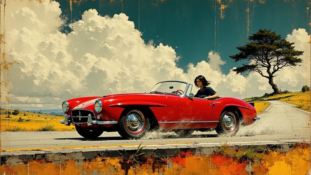 Woman Driving Fast Car Towards Cityscape