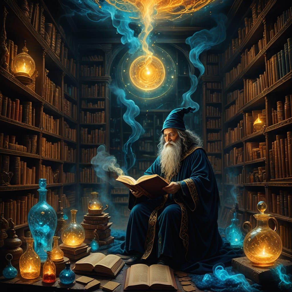 Surreal Golden Wizard Amidst Ancient Tomes and Shimmering Po...