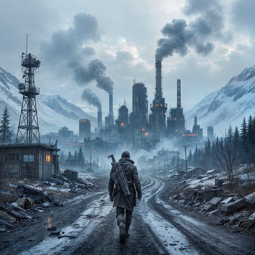 Lone Figure Walks Towards Ruined Sci-Fi City in Post-Apocaly...