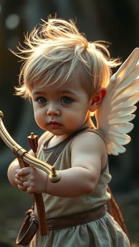 Cute Baby Angel with Bow and Arrow in Whimsical Portrait