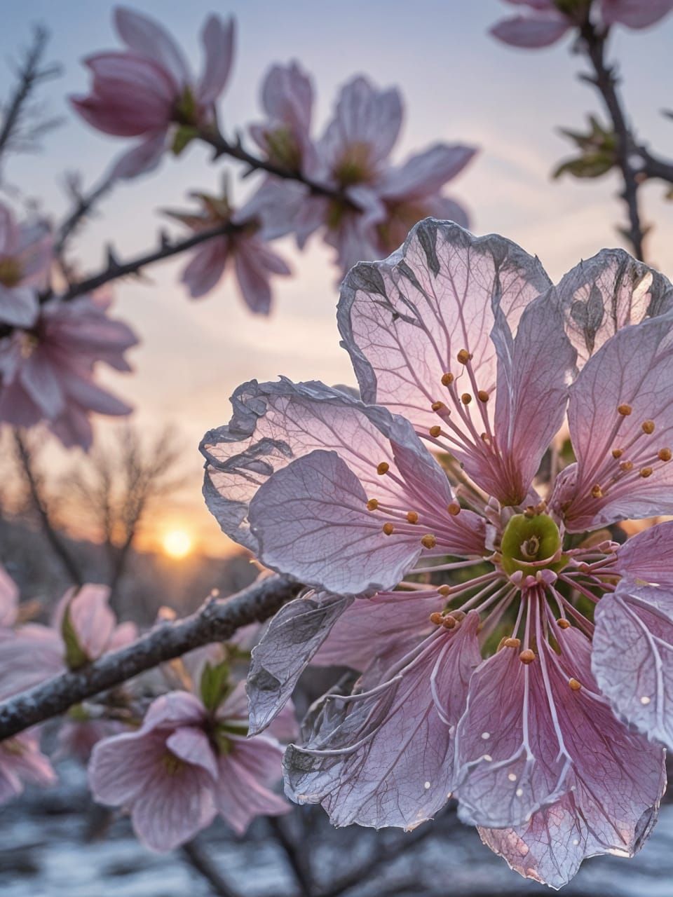 Apple Blossom Frozen in Ice at Sunrise