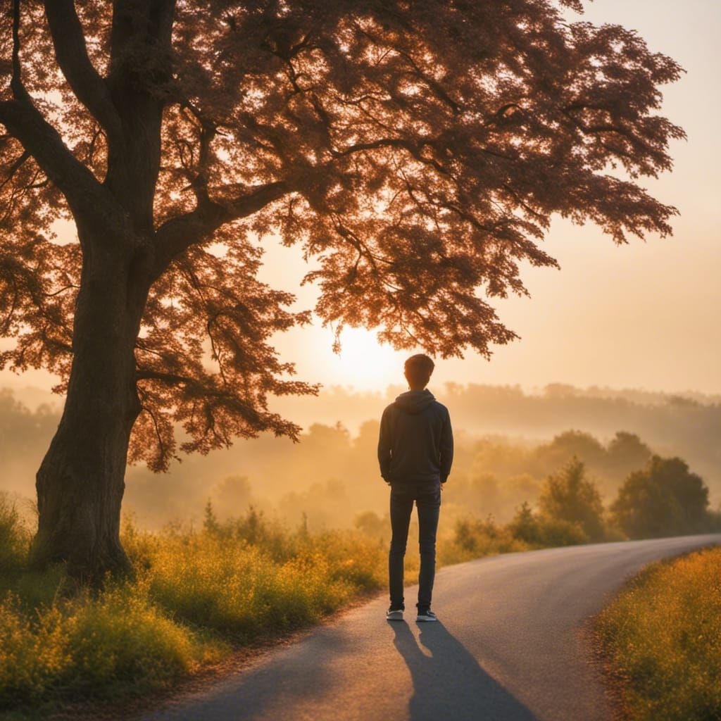 Boy Silhouetted at Sunrise: Aspirational Journey