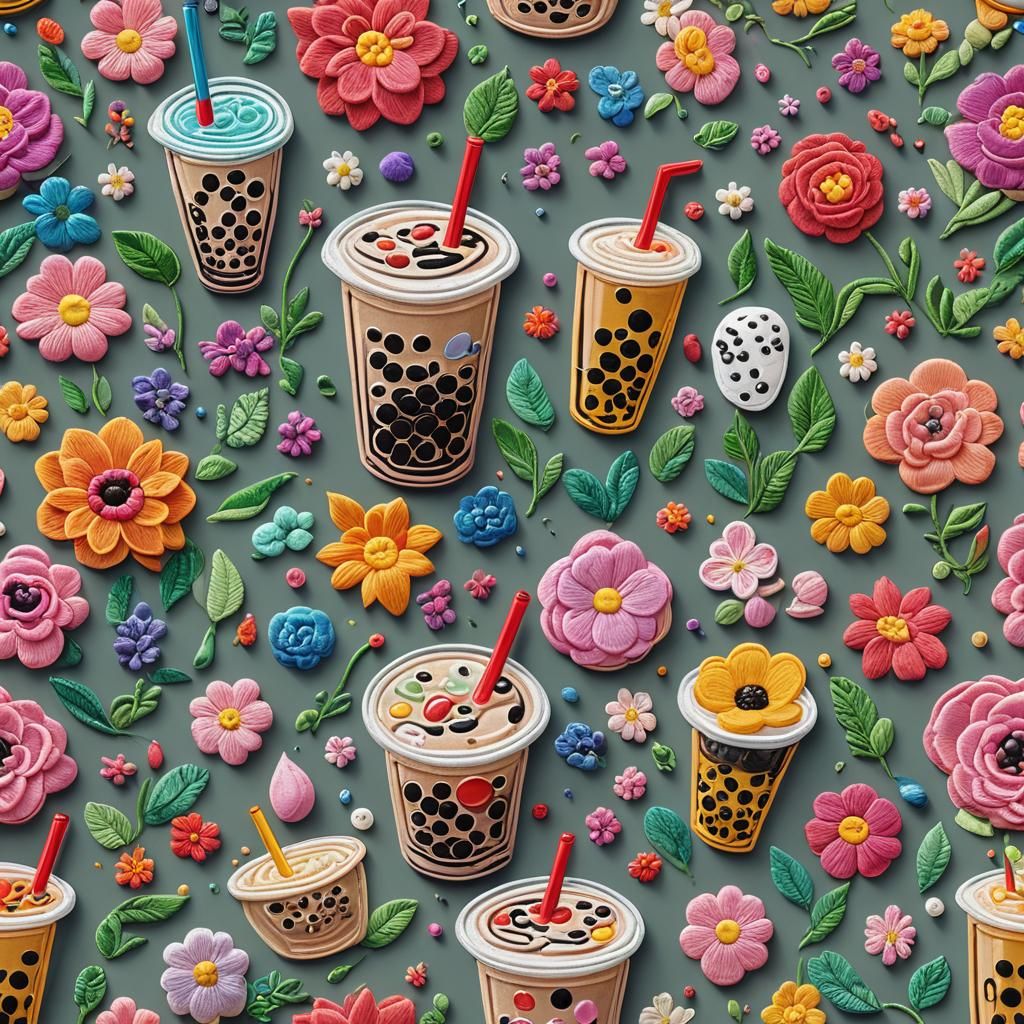 Vibrant 3D Flowers and Bubble Tea Embroidery