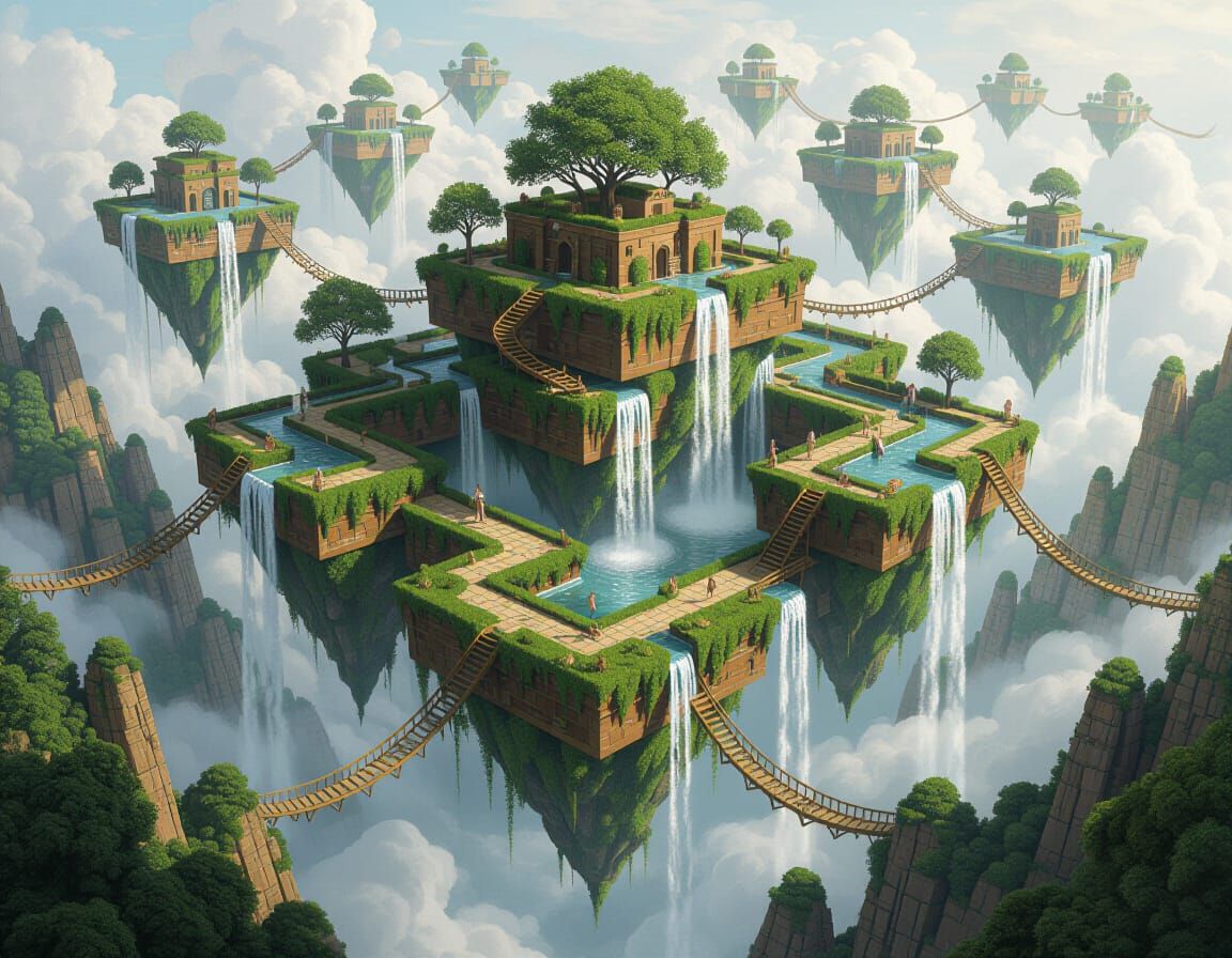 Surreal Floating Islands in Escher-esque Style