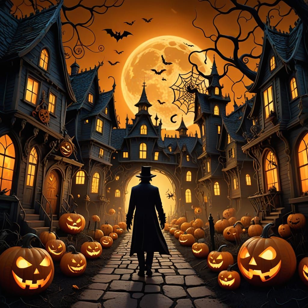 Whimsical Halloween Town in Vibrant, Stylized Digital Art