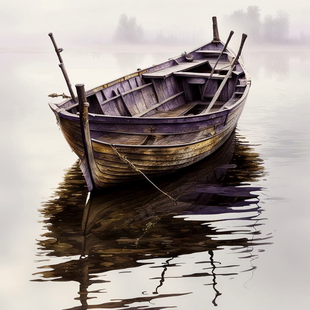Old Wooden Boat on Water: Detailed Digital Painting