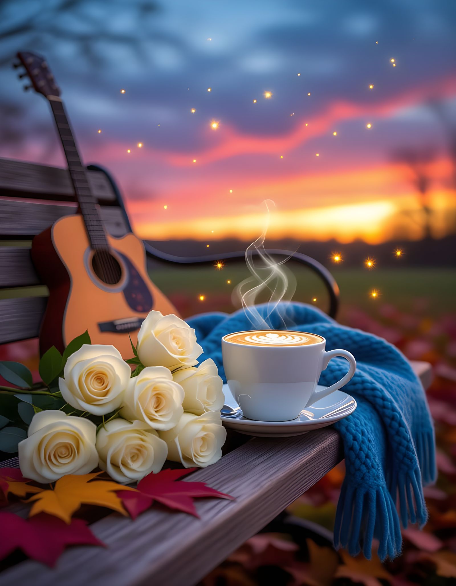 Roses, Capuccino, and Guitar with Fireflies