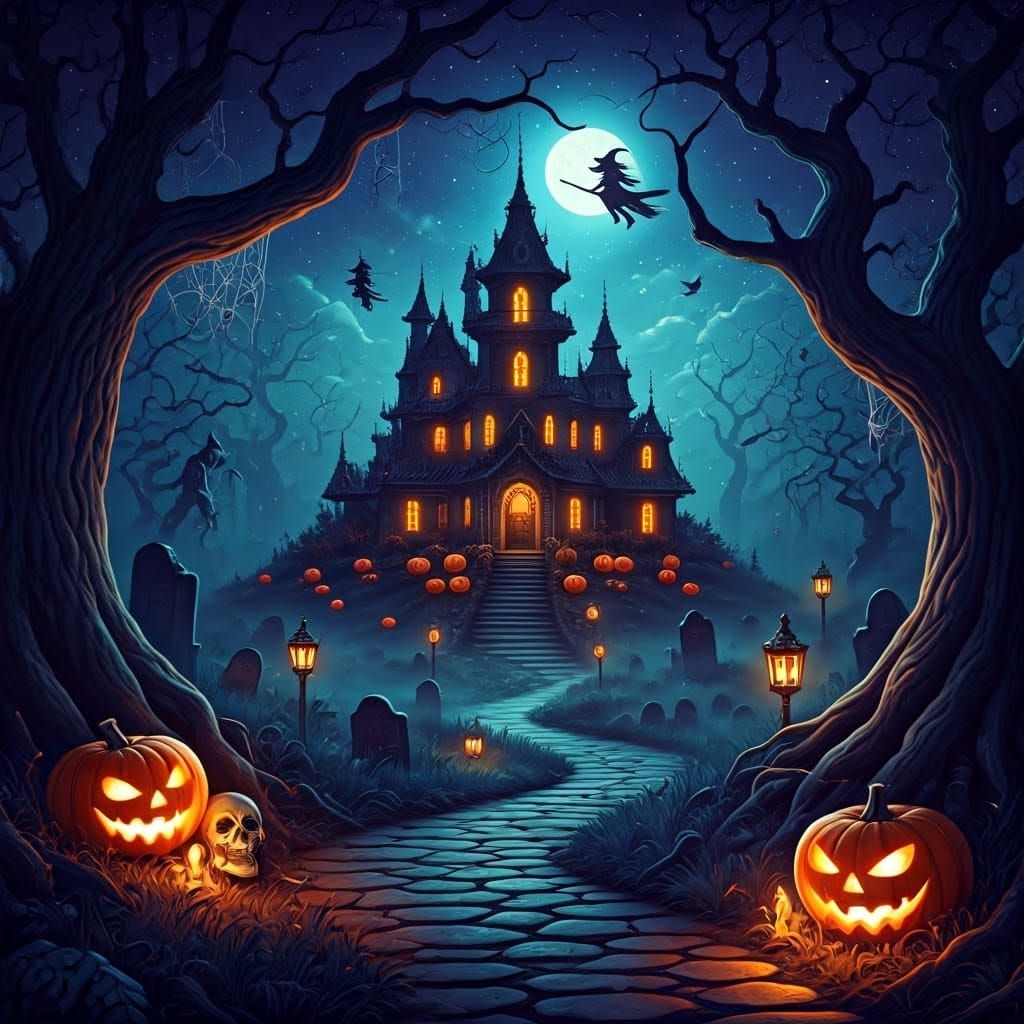 Mystical Halloween Eve Haunted House in Dark Fantasy Style