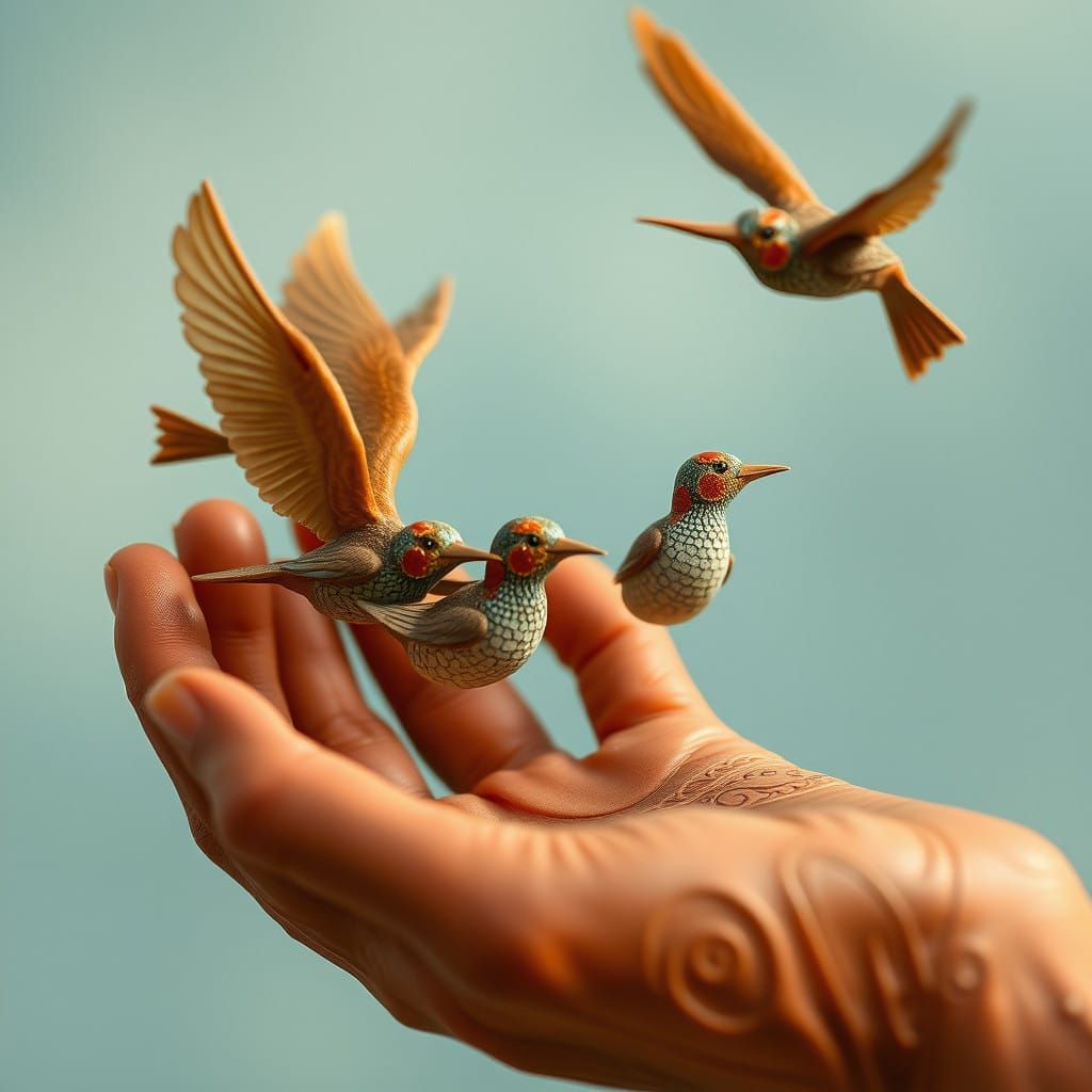 Earthenware Clay Birds Soar from Gentle Clay Hand in Dreamli...