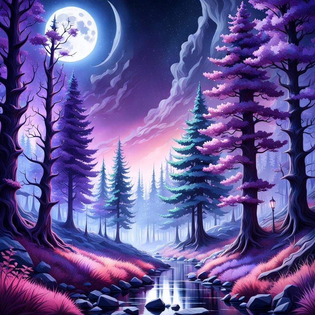 Gothic Forest at Night in Soft Watercolor