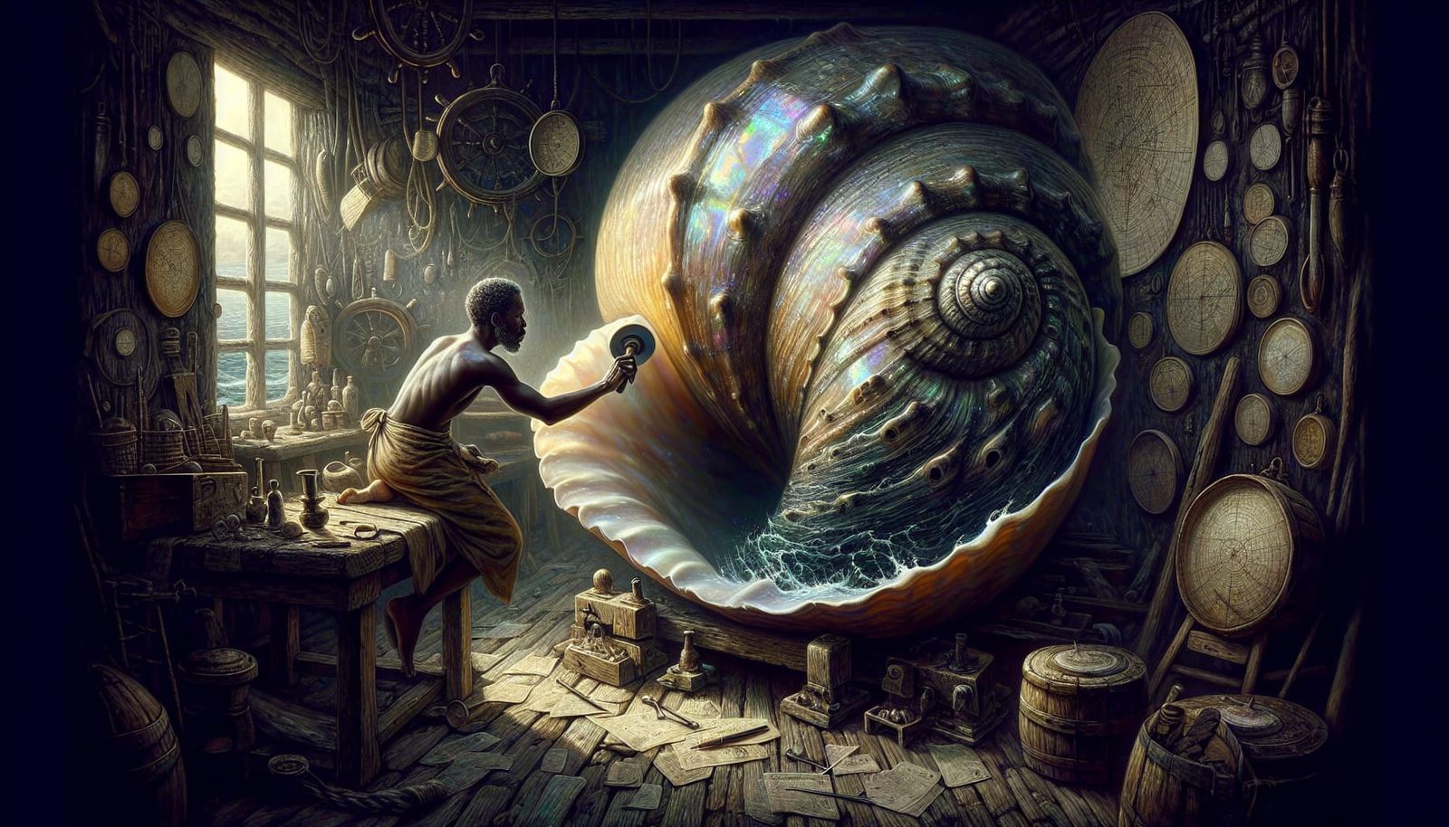 Lighthouse Keeper Polishes Giant Seashell in Surreal Room