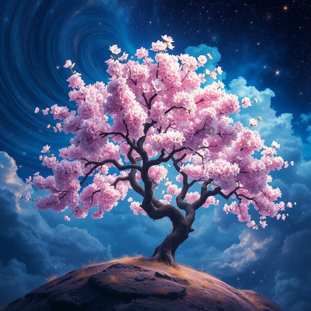 Whispers of a Mystical Cherry Blossom Tree in Celestial Harm...