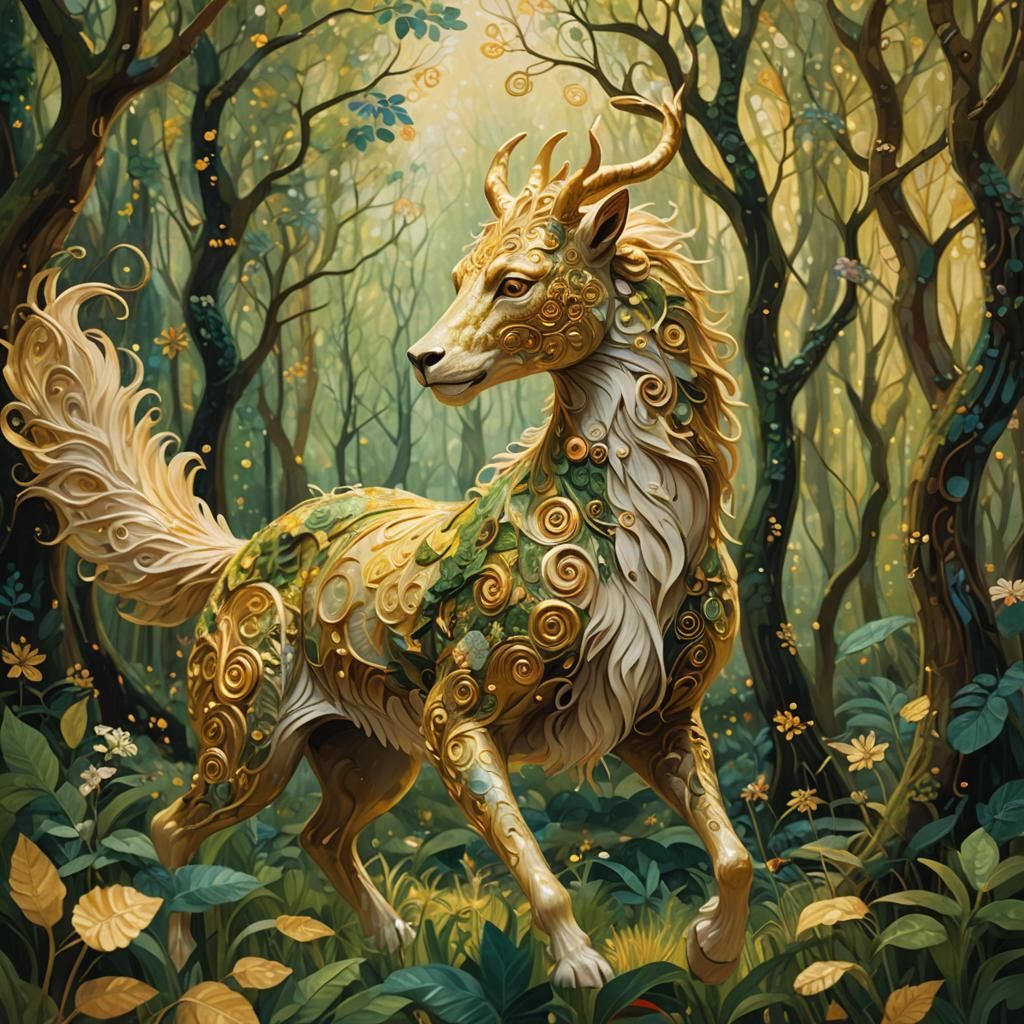 Mythical Creature in Forest, Klimt-Inspired Oil Painting
