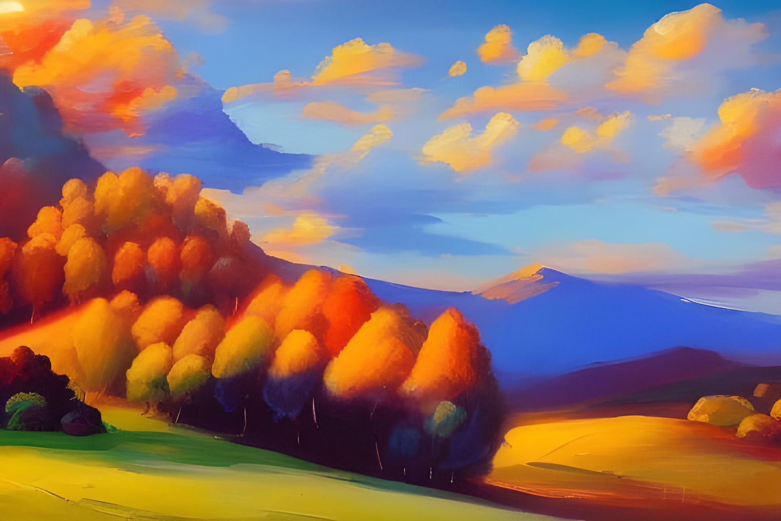 Scenic Mountain Valley in Impressionistic Style