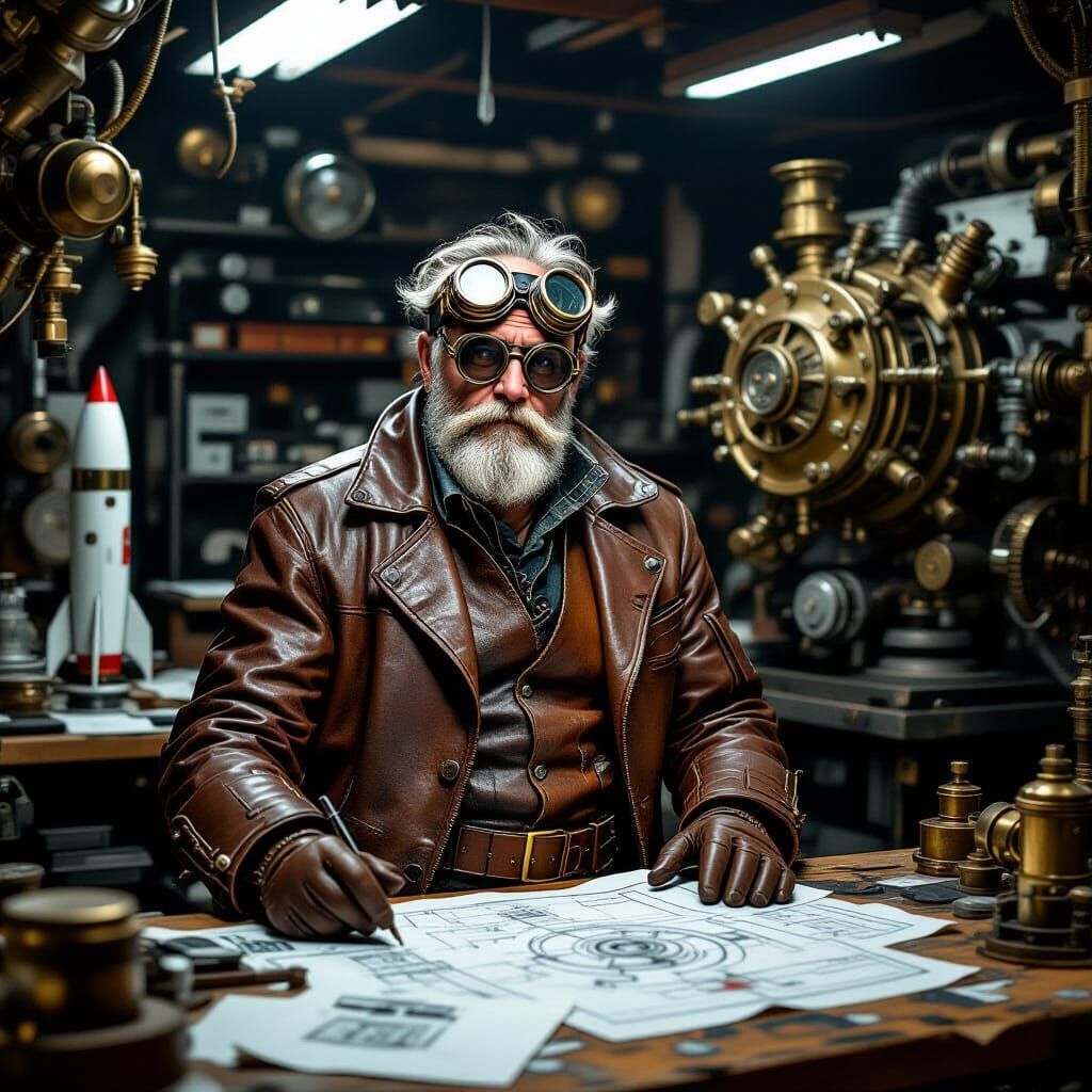Steampunk Mad Professor's Workshop with Rocket Schematics