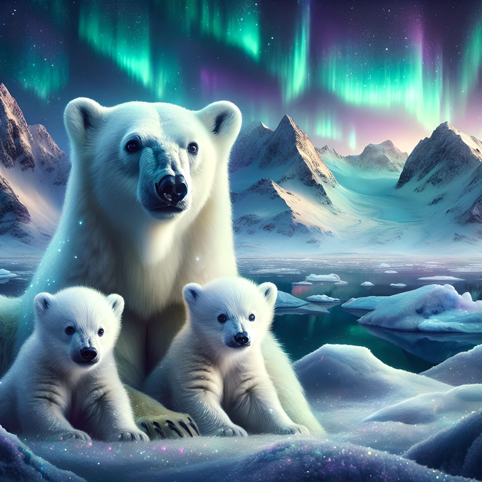 A portrait of a polar bear and two cubs in the arctic, watery eyes, snowy mountains, beautiful colorful northern lights,...