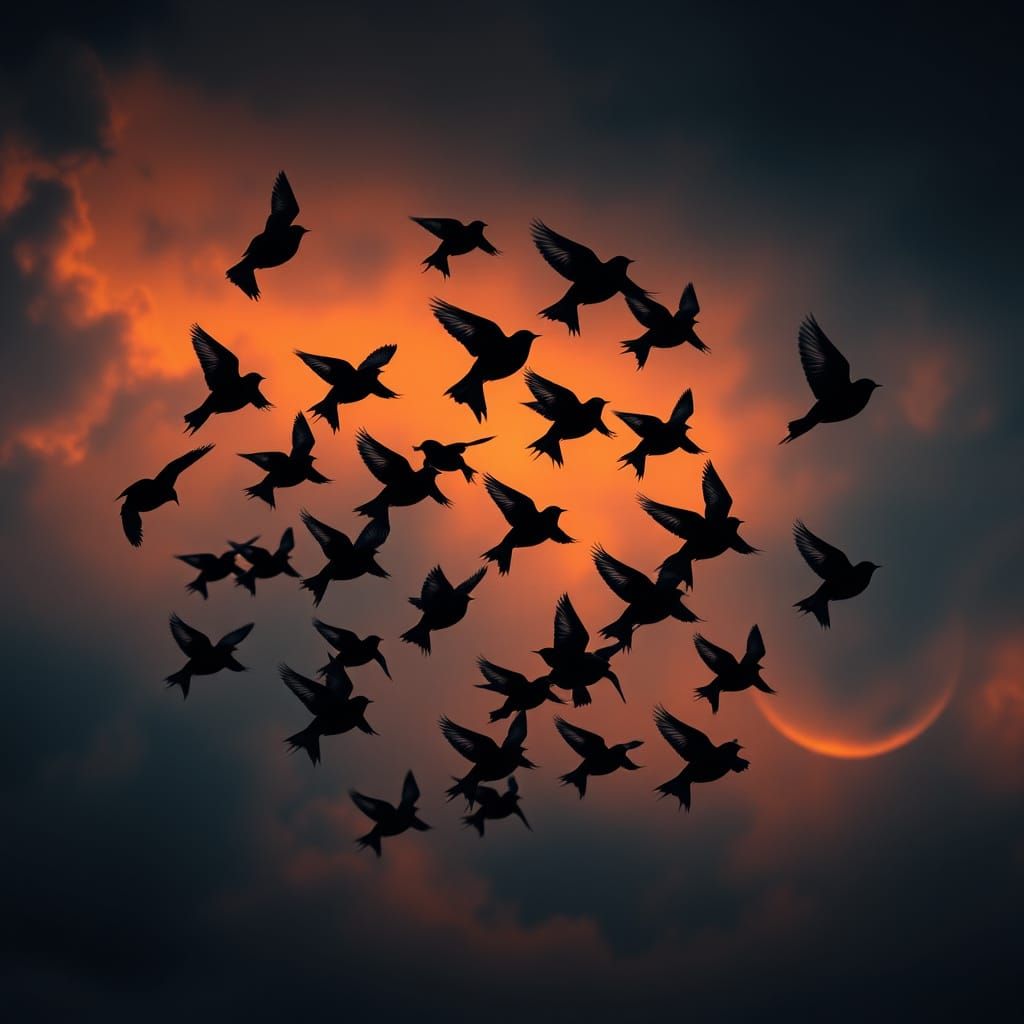 Ominous Black Swallows Flight in Hitchcock Style