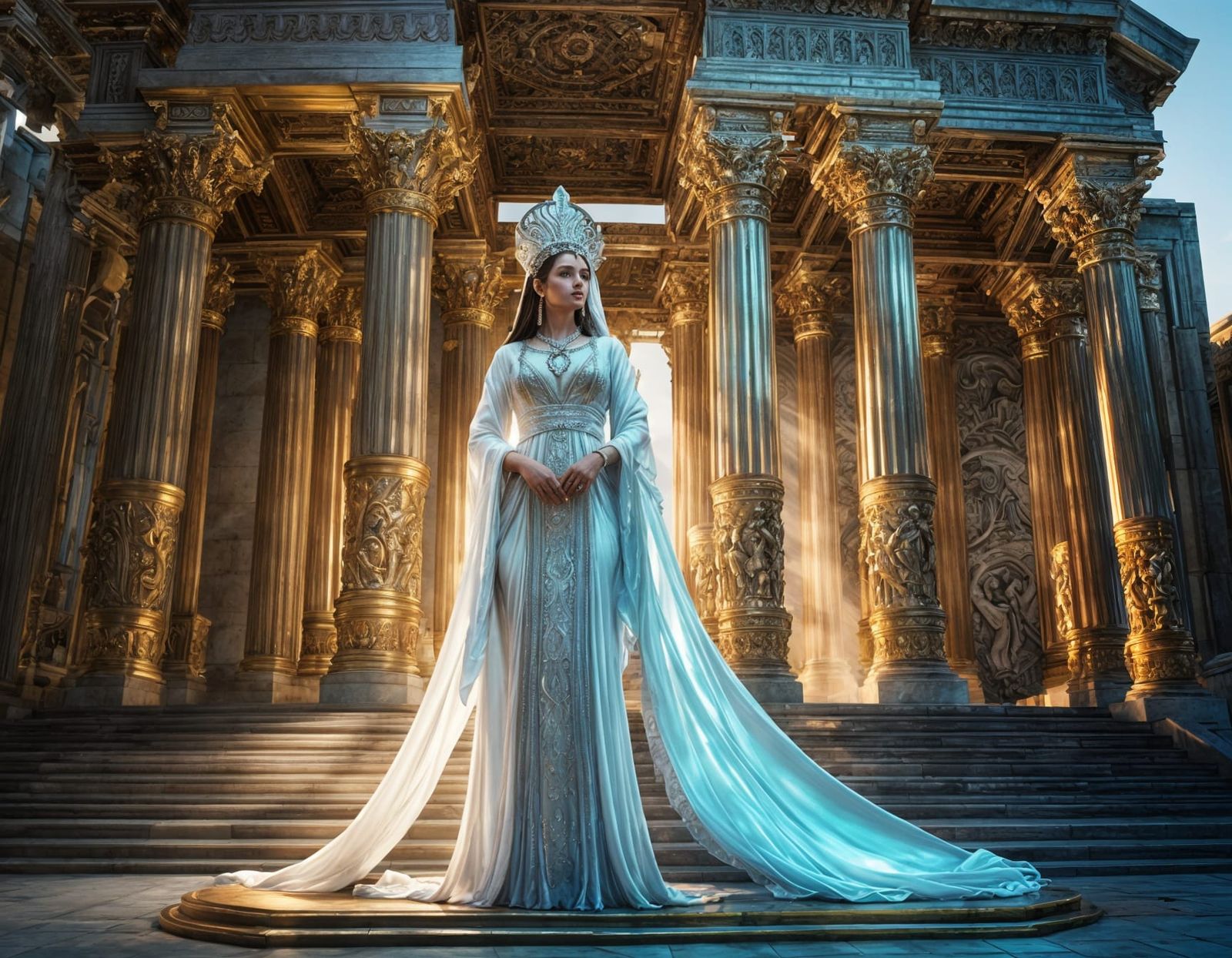 Priestess in Iridescent Gown at Ornate Temple