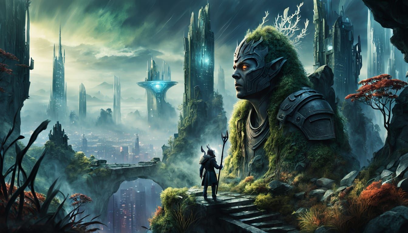 Crystal Golem Guards Overgrown Futuristic City in Dark Fanta...