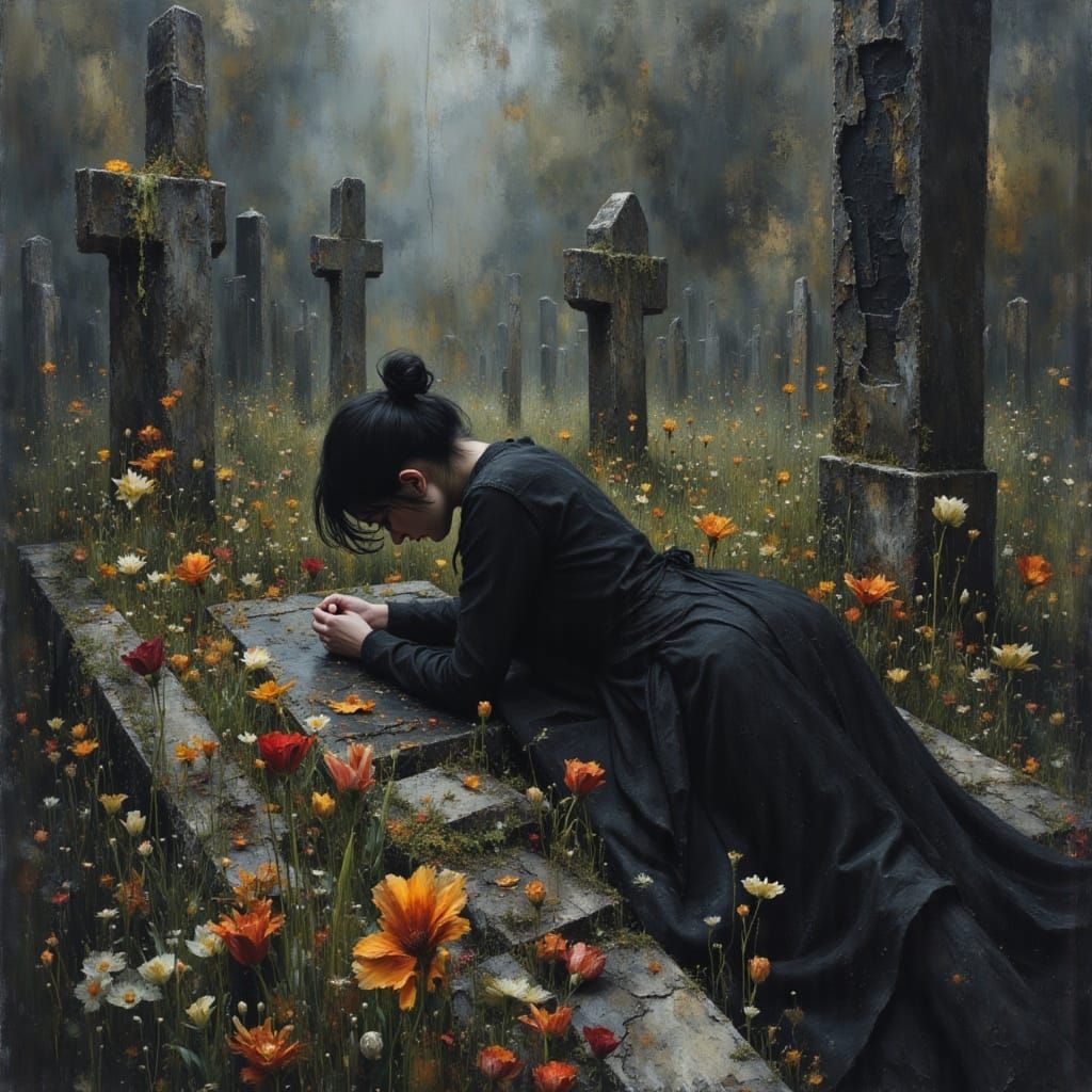 Woman Crying on Grave, Matte Painting