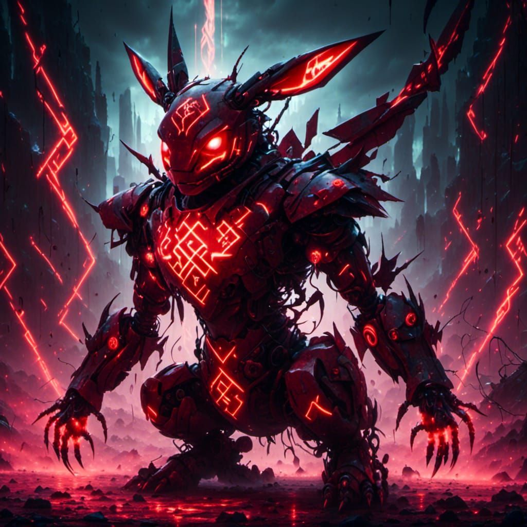 Angry Robotic Pikachu with Glowing Runes
