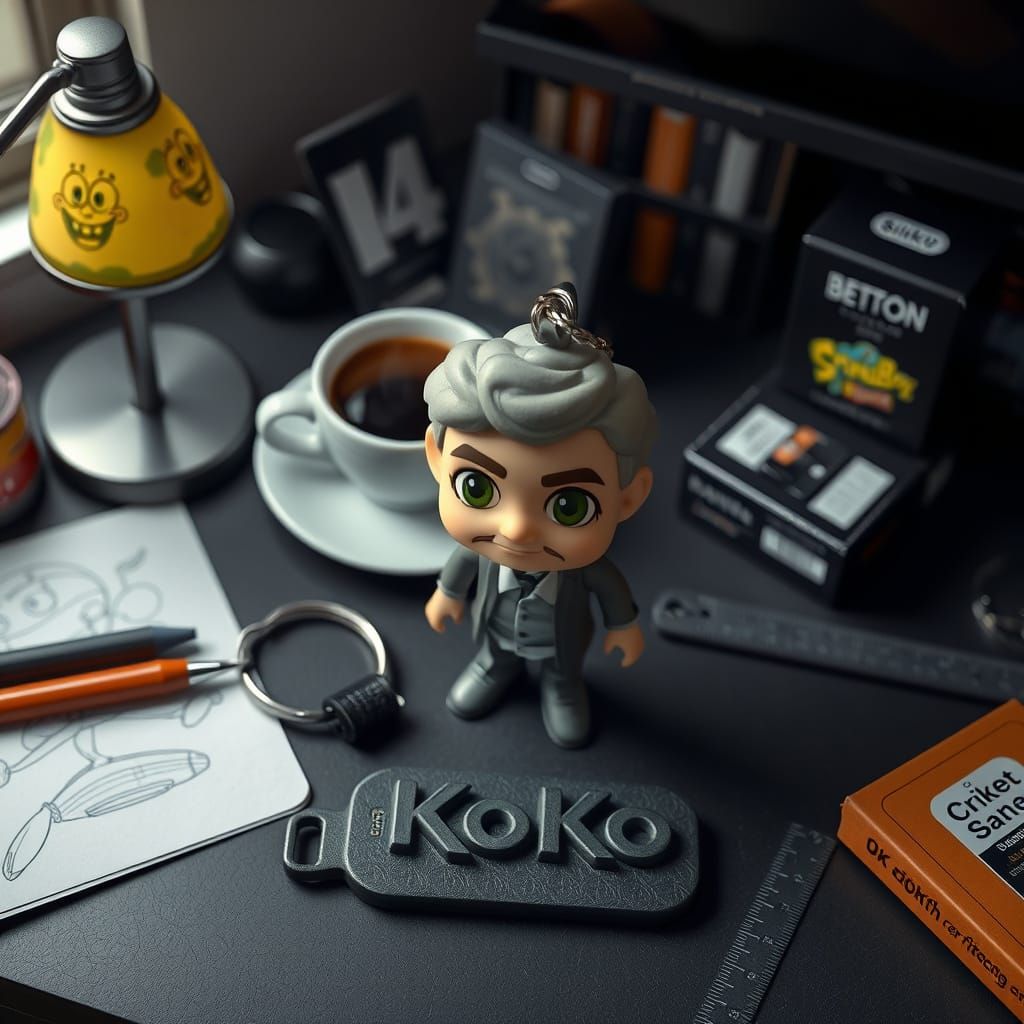 AI Keychain on Carbon Desk with Coffee & Art Supplies