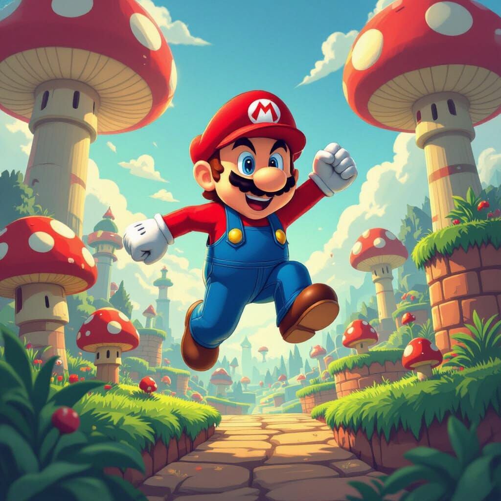 Mario Jumps in Vibrant Mushroom Kingdom