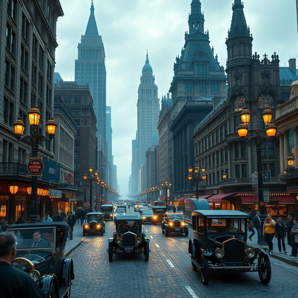 Vibrant Downtown Detroit Streetscape in 1910 with Ford Model...