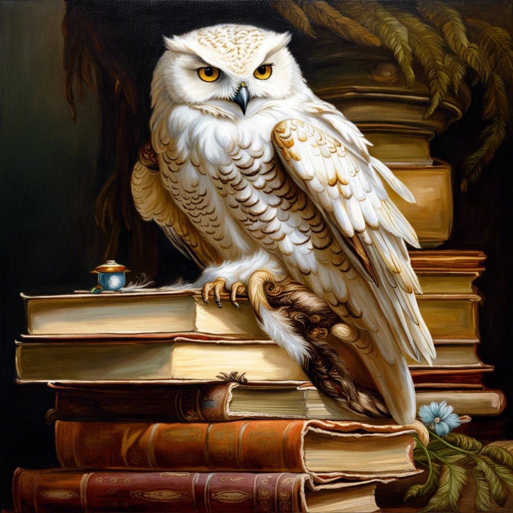 Hedwig in Magical Library, Rococo Oil Painting