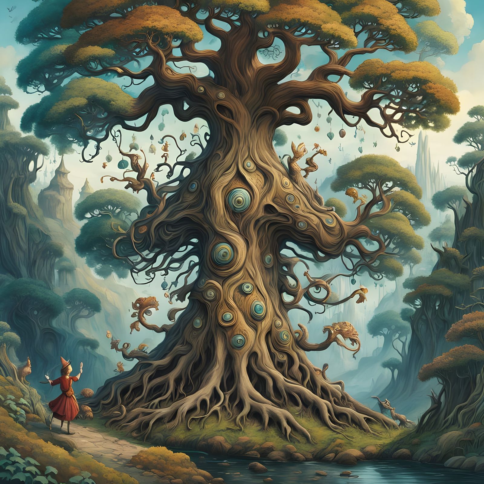 Vibrant World Tree in Whimsical Landscape Style
