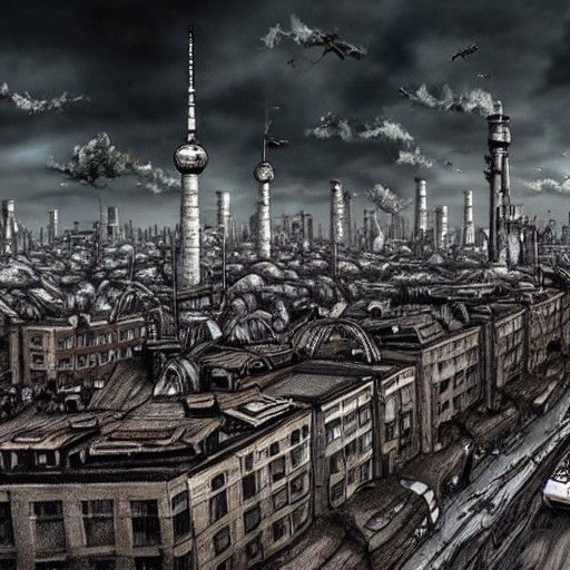 Post-Apocalyptic Berlin Skyline: Detailed Digital Illustrati...