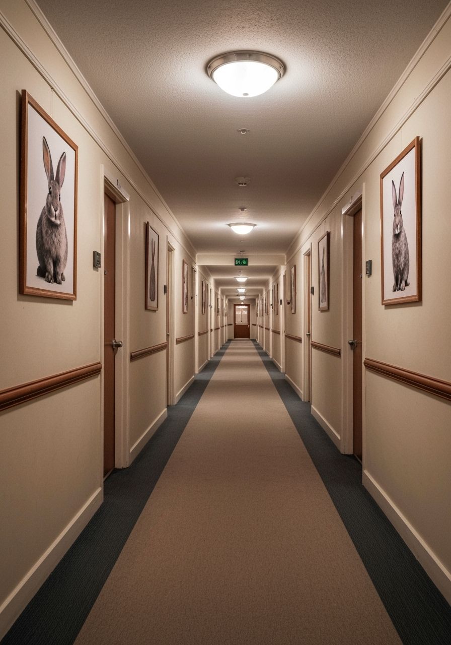 Empty Hotel Hallway with Ethereal Light and Animal Art