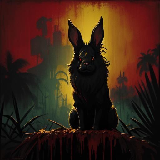 Demonic Rabbit Under Palms: Dark Expressionist Oil Painting