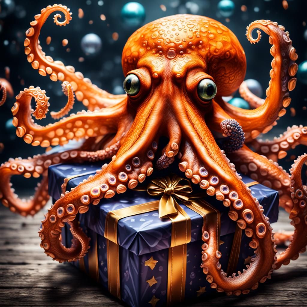 Hyperrealistic Orange Octopus Holds Birthday Gift