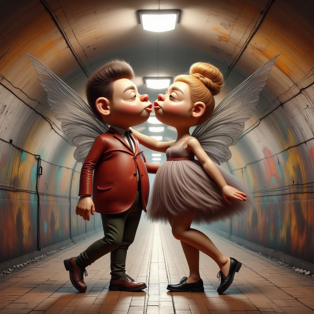 Surreal Subway Lovers Dancing with Comedic Flair