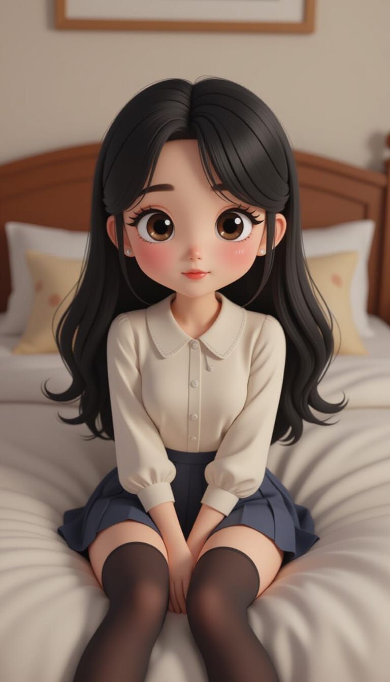 3D Render of Girl with Black Hair on Bed