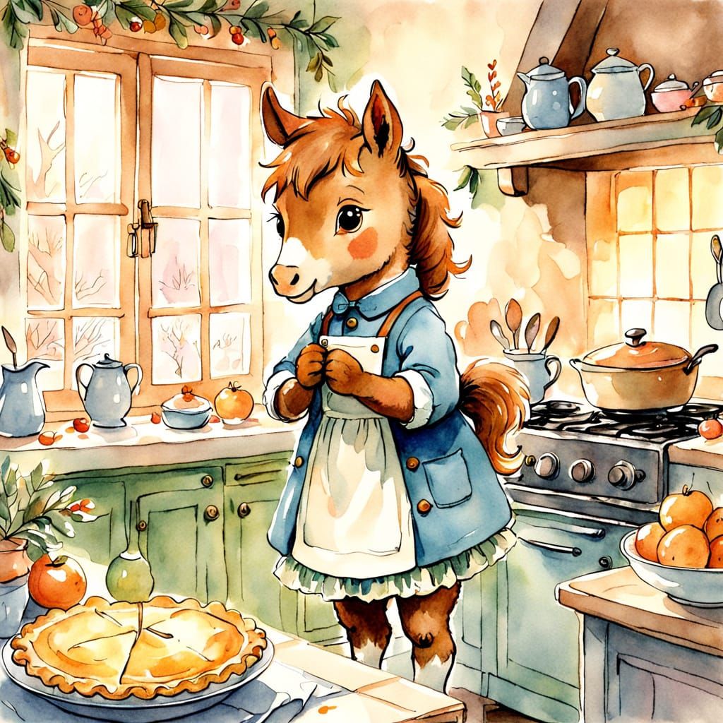Whimsical Horse Cub Baking Pie in Cozy Christmas Kitchen