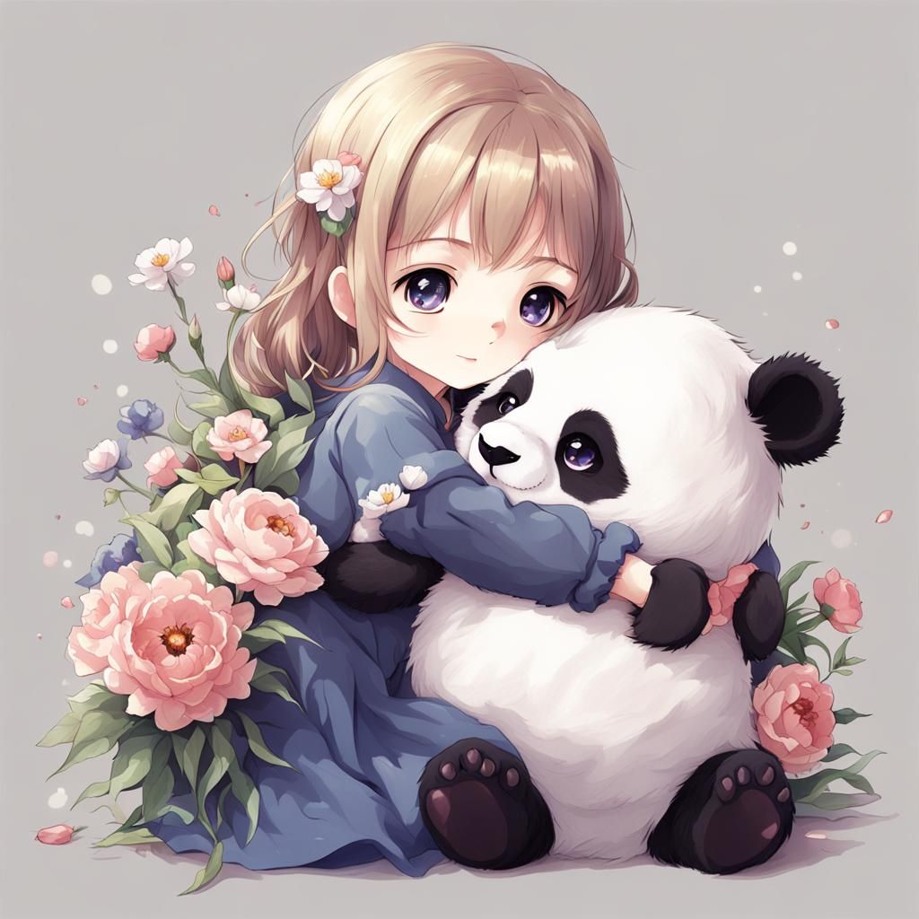 Anime Flower Girl Hugging Panda Art