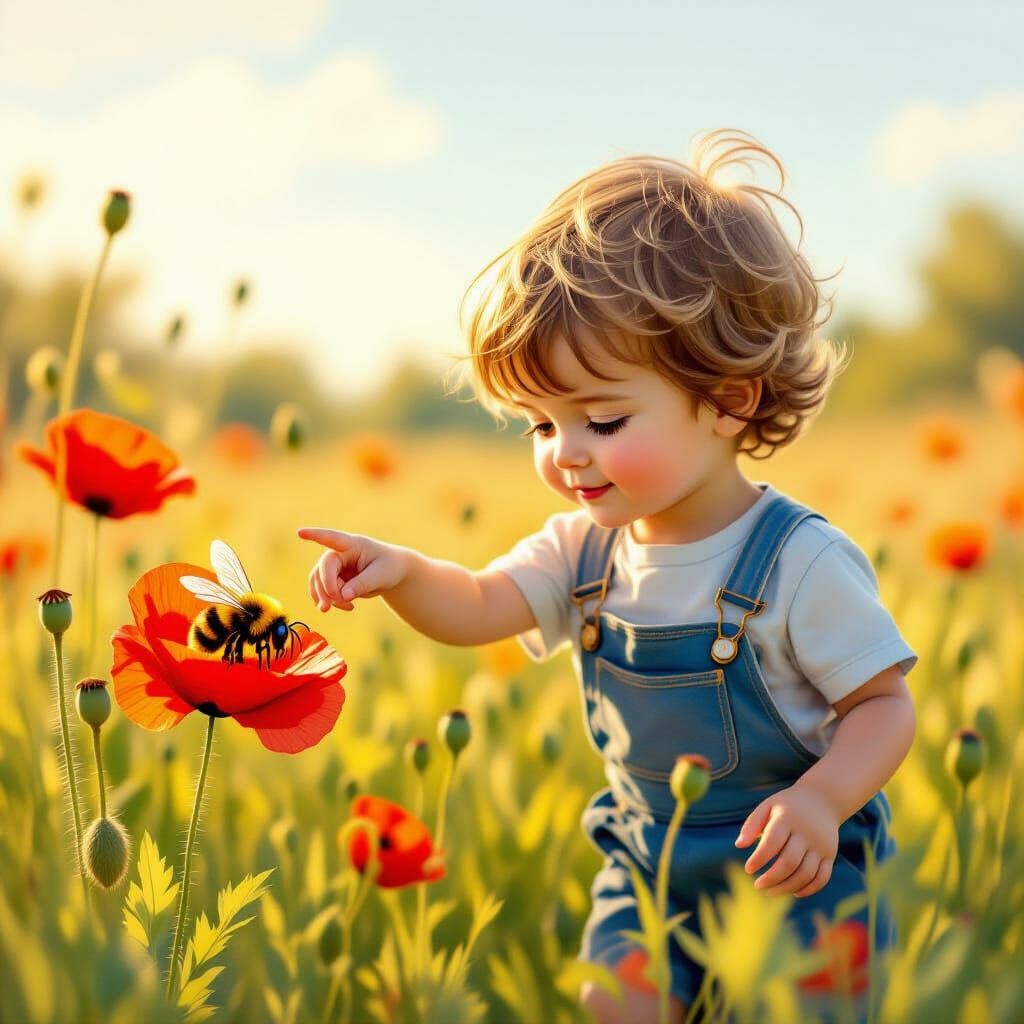 Boy Reaches for Bee in Flower Field