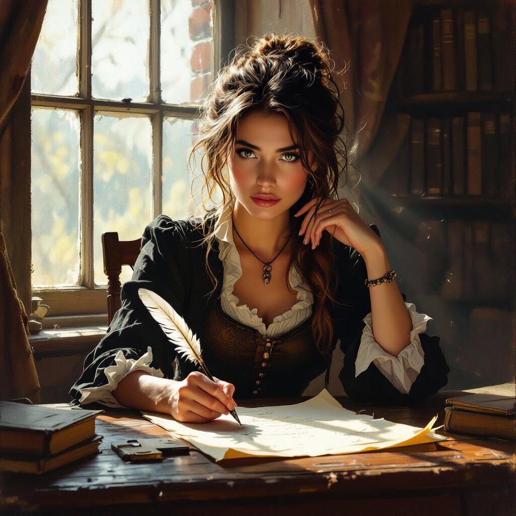 Female Writer Poised with Quill in Sunlight, Pre-Raphaelite ...