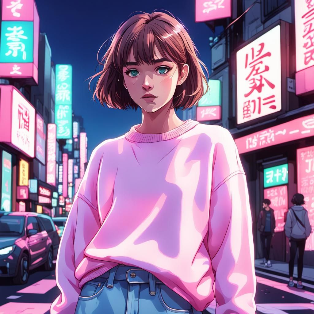 Anime-Style Teenage Girl in Harajuku Street