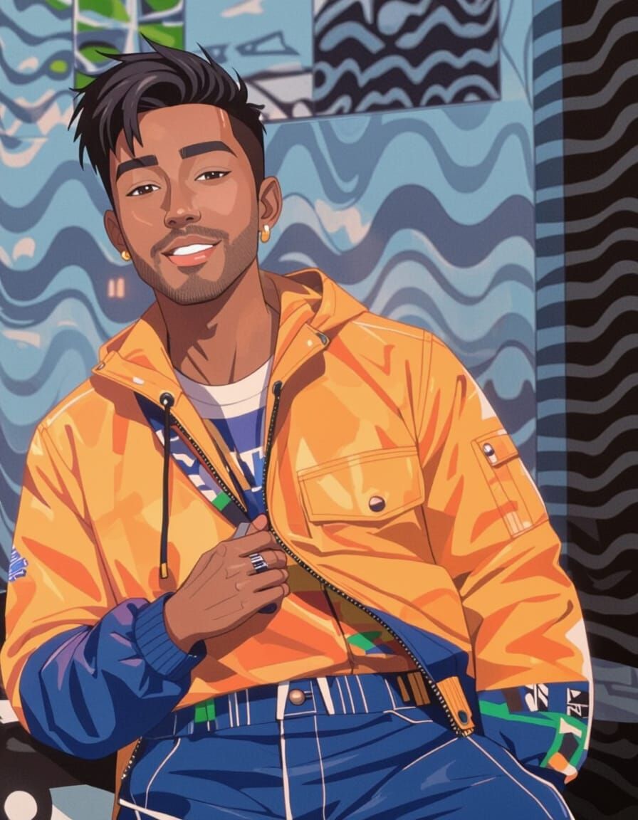 Realistic Male Avatar in Modern Striped Room